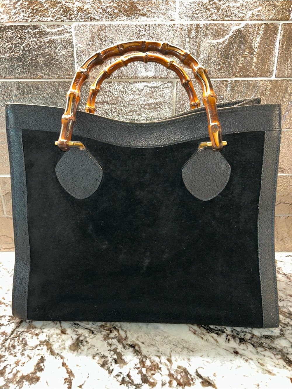 Gucci Vtg Tom Ford Era Black Suede Tote with Bamboo Top Handles